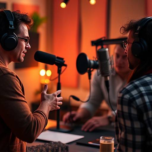 A group of diverse podcasters recording an episode together, showcasing collaboration.