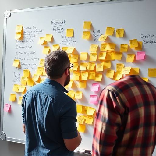 A person brainstorming ideas with sticky notes on a whiteboard, symbolizing content planning.