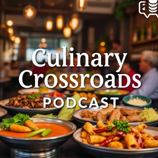 Podcast thumbnail for 'Culinary Crossroads' featuring diverse cuisine.
