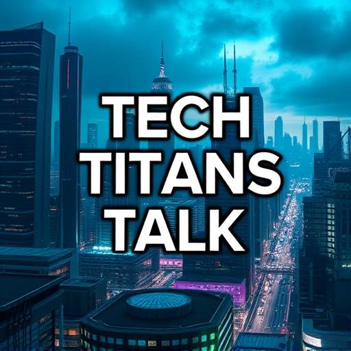 Podcast thumbnail for 'Tech Titans Talk' with a futuristic city backdrop.