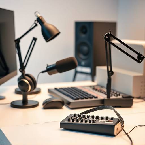 Various podcasting equipment on a desk, symbolizing necessary tools for podcast creation.